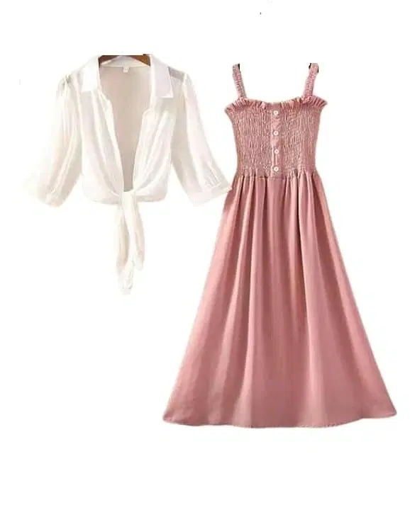 Poly Crepe Dress for Women (Pink & White, S)