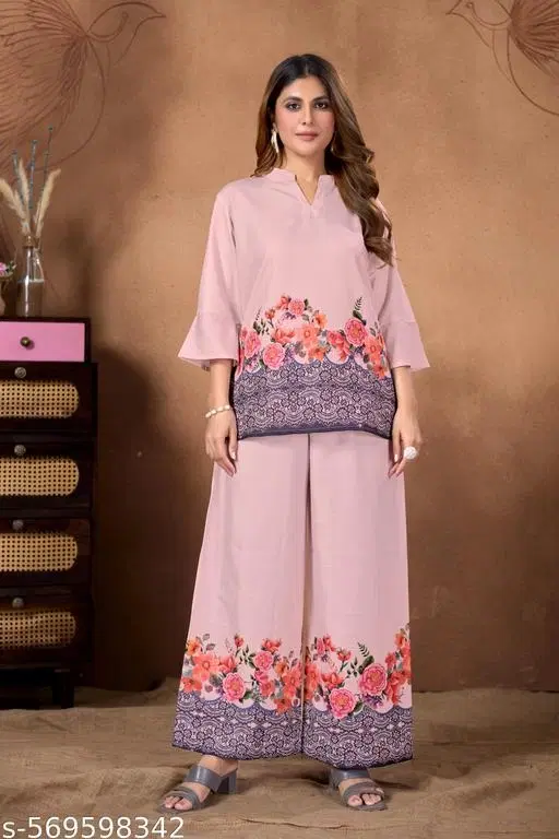 Rayon Printed Kurta With Paint Set for Women, Pink (S)