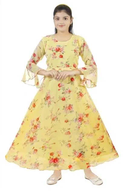 Georgette Girls Floral Printed Gown (Yellow, 2-3 Year) (BBE-2)