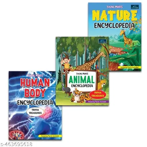 Young Minds Encyclopedia - Set Of 3 Books - Animals , Human Body , And Nature Encyclopedia For Kids ,