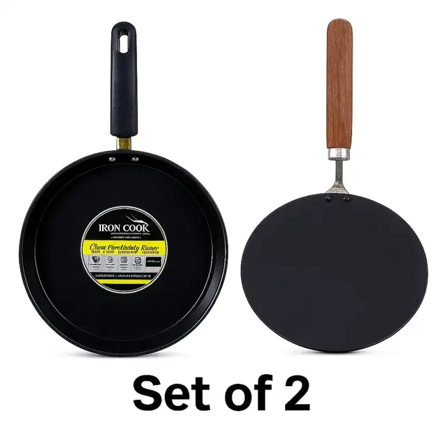 2 Pc Combo Set of Dosa Tawa 23cm & Wooden Handle Iron Dosa Tawa 23cm