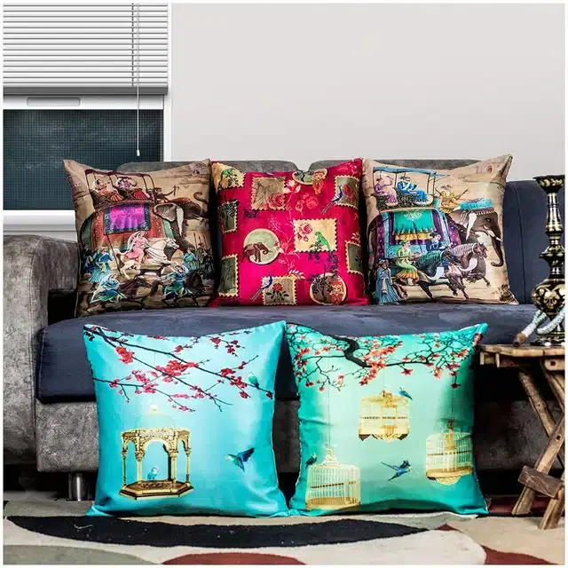 Premium Dupion Silk Cushion Cover, 16x16 inch, Multicolor, Set of 5, A-7