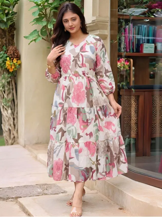 Poly Georgette Floral Print Kurti for Women, Pink (XS)