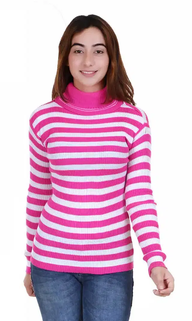 Full Sleeves Striped Sweater for Women (Pink, M)