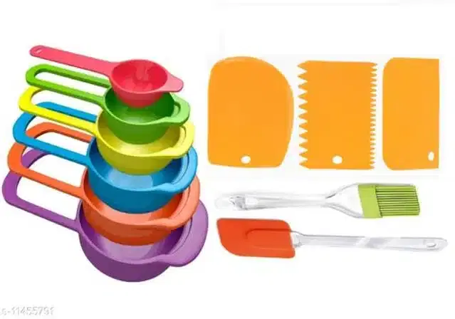 Plastic 6 Pcs Measuring Cups & Spoons with Spatula & Oil Brush with 3 Pcs Cake Scrapers, Multicolor, Set of 4