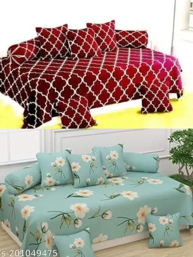 Polycotton Diwan Cover Set, Maroon & Aqua Green, Combo of 2