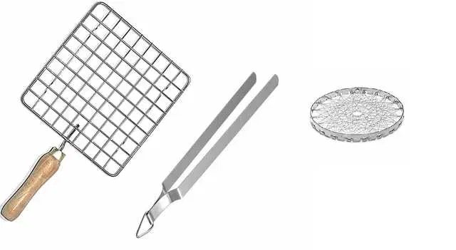 Steel Roaster Grill With Handle Steel Utility Tong And Tandoor Combo Stainless Steel, Silver, Set Of 3, S-51