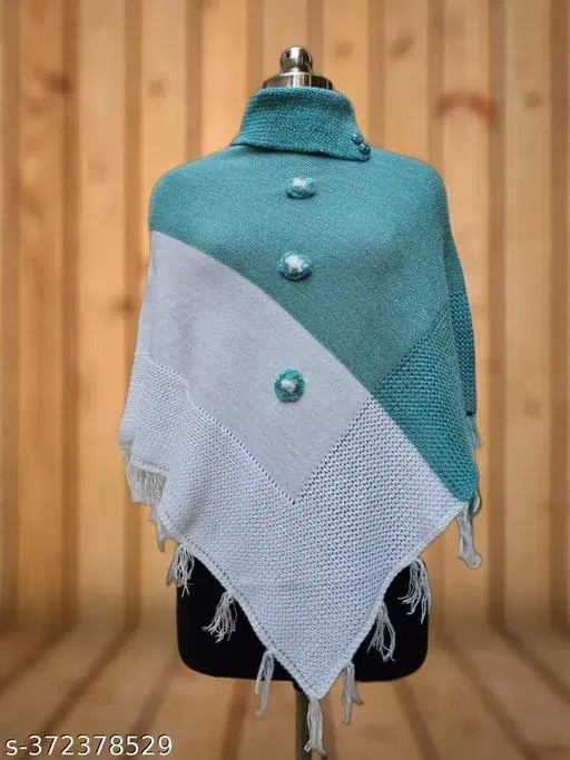 Woolen Poncho for Women (Green & White, Free Size)