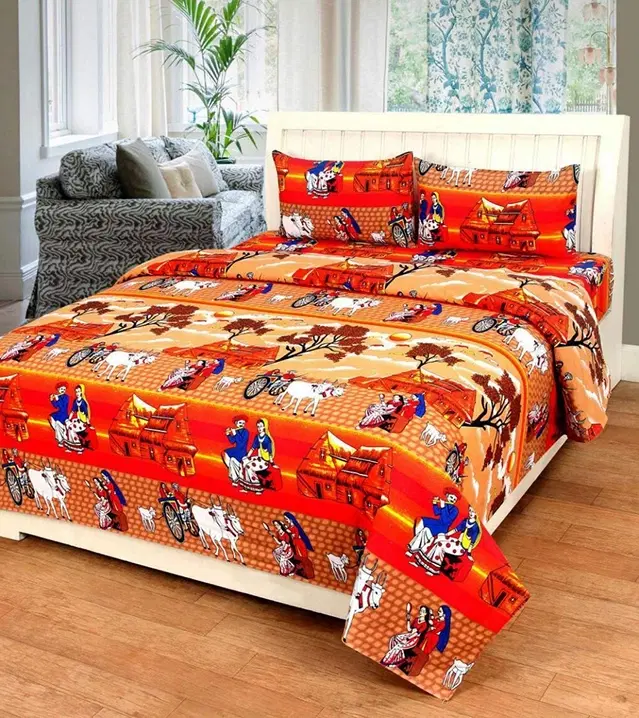 Polycotton Double Bedsheet with 2 Pillow Cover, Multicolor, 90x90 inches