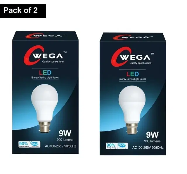 Wega 9 W Standard B22 LED Bulb, Cool White, Pack of 2