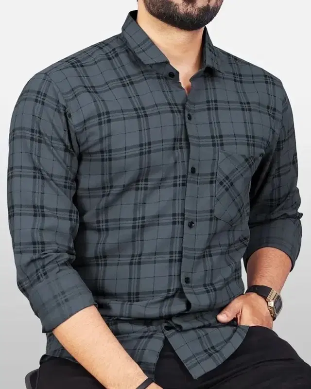 Cotton Blend Checked Shirt for Men, Black (L)