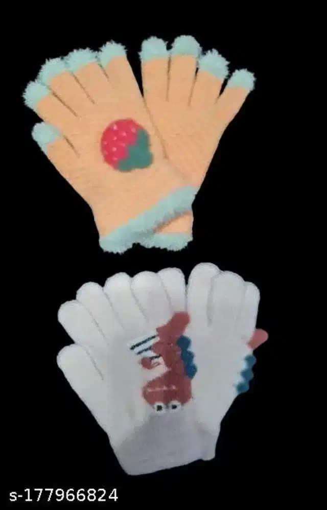 Woolen Winter Gloves for Kids, Set of 2 (Peach & Off White, 3-6 Years)