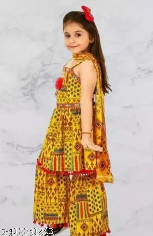 RK TRADERS Ethnic Motif Mirror Work Cotton Palazzo Pants for Kids (Yellow, 7-8 Years)