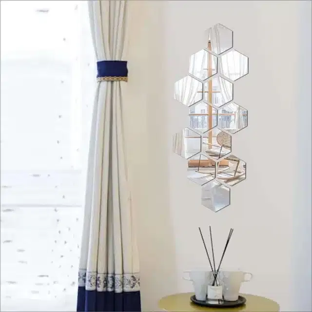 Acrylic Hexagon Shaped Wall Mirror Stickers, Silver, Pack of 12