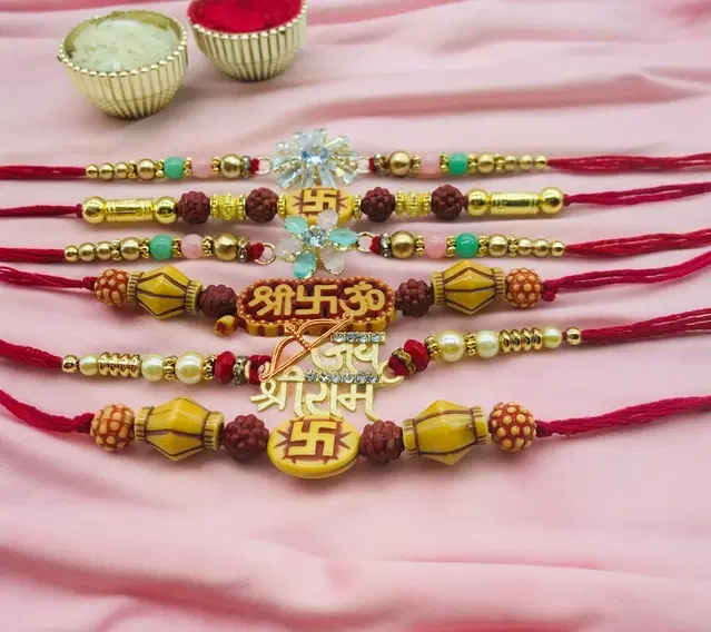 Handmade Designer Rakhi with Roli Chawal, Multicolor, Pack of 6