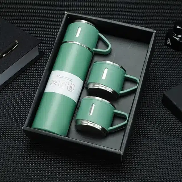 Vacuum Insulated Flask Set with 3 Cups, Green, 500 ml, Set of 1