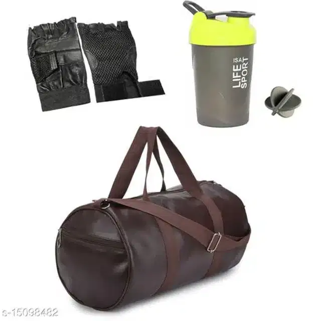 Combo of Gym Bag with Shaker Bottle, 400 ml, Gloves, Multicolor, Set of 3
