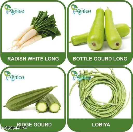 4 Vegetable Seeds Combo With Instruction Manual(Radish White Long/Bottle Gourd Long/Ridge Gourd/Lobiya)