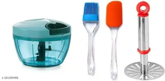 Combo of Manual Chopper, Masher, Oil Brush & Spatula, Multicolor, Set of 4