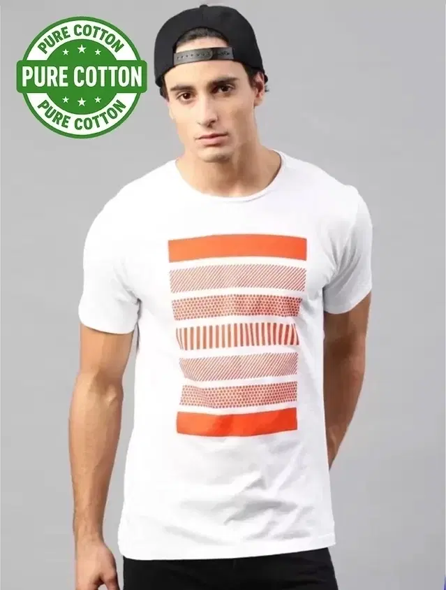 100% Cotton Round Neck Printed T-Shirt for Men, White (XL)
