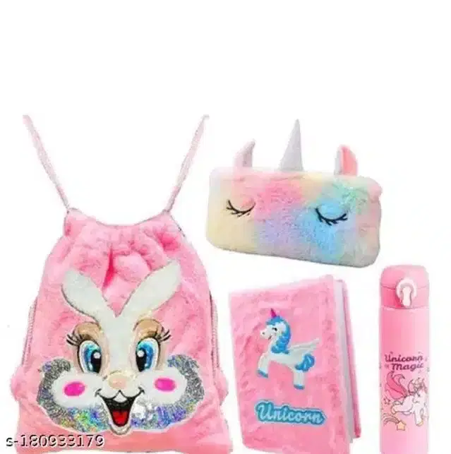 Printed Backpack with Diary, Pencil Pouch & Water Bottle Set for Kids, Multicolor, Pack of 4