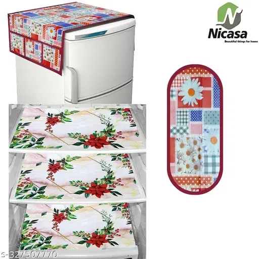 Nicasa Premium Fridge Top Cover with 1 Handle and 3 Matching Mats, Pack Of 5