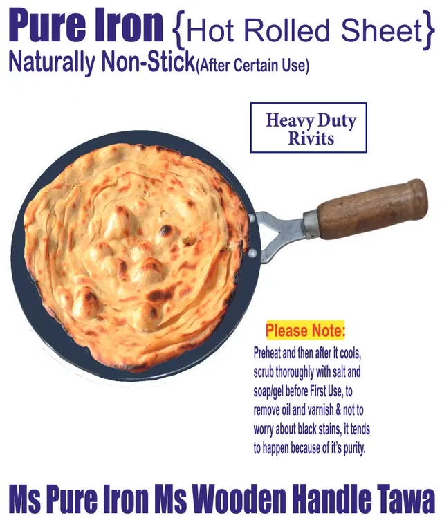 Iron Non Coated Tawa with Wooden Handle, Black, 22 cm