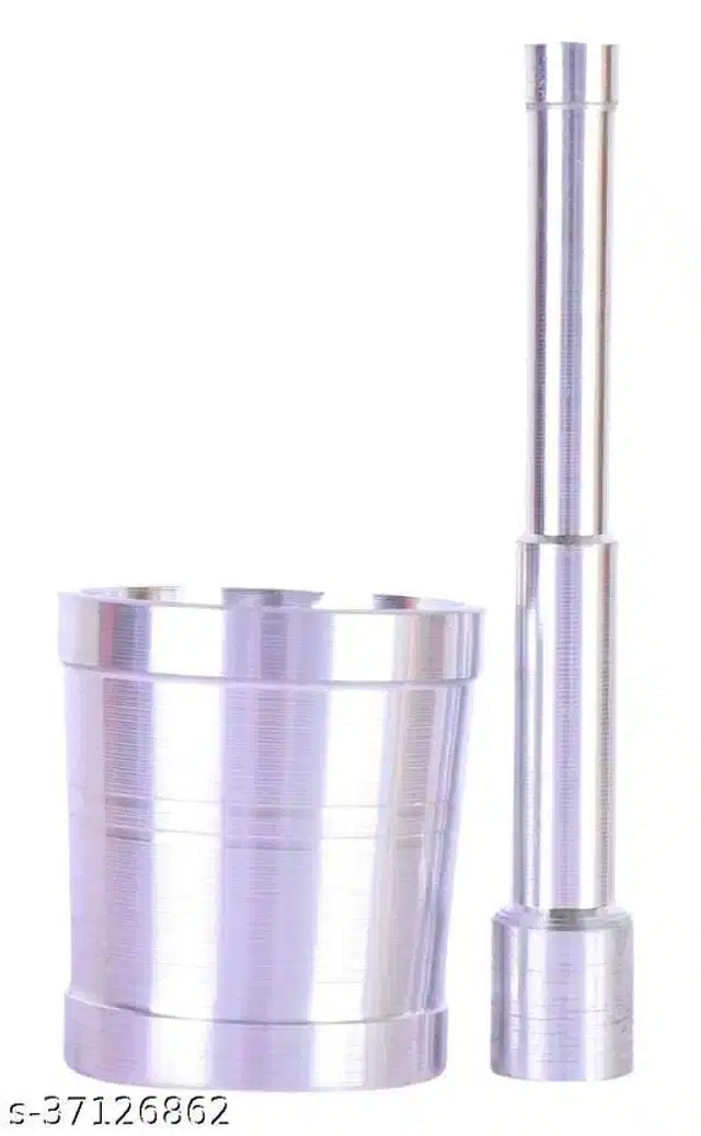 Aluminium Carved Mortar & Pestle, Silver, Set of 1