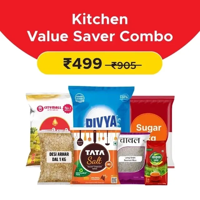 Kithcen Value Saver Combo (Sugar 1 kg + Tata Salt 1 kg + Citymall No.1 Long Grain Basmati Rice 1 Kg + Citymall No.1 Kadak Tea 250 g + Rivya Rose & Jasmine Detergent Powder 1 kg + Citymall No.1 Kachi Ghani Mustard Oil 1 L (Pouch) + Desi Arhar Dal 1 Kg)