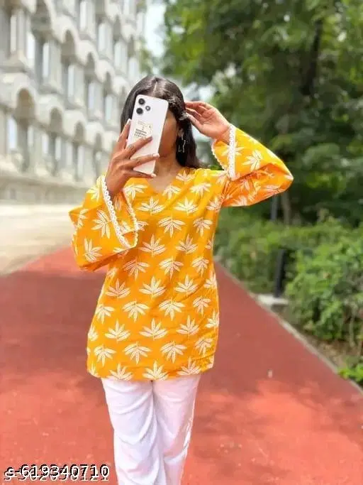 Rayon Printed Short Kurti for Women, Yellow (L)