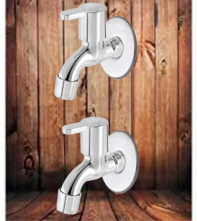 Stainless Steel Short Body Bib Cock Tap with Wall Flange, Silver, Set of 2