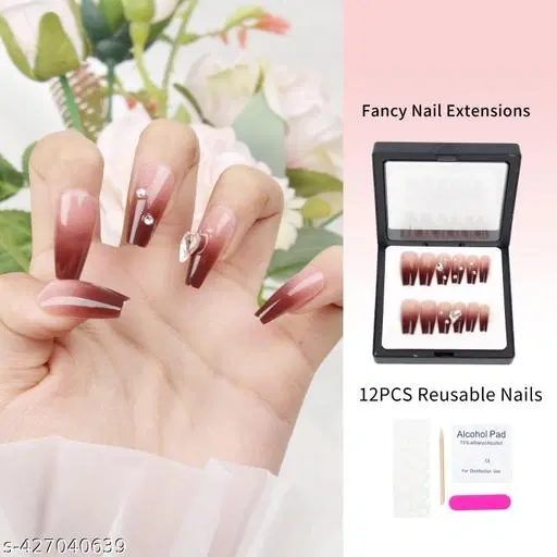 Kamz's Fake Nails Nail Extension Kit - Quick Fix Press On Nails, Aesthetic Acrylic Stick on Nails, Reusable, 12pcs Nails Set for Girls & Kids