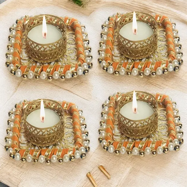 Metal Designer Tealight Candle Holder, Orange, 8x8x2 cm, Pack of 4