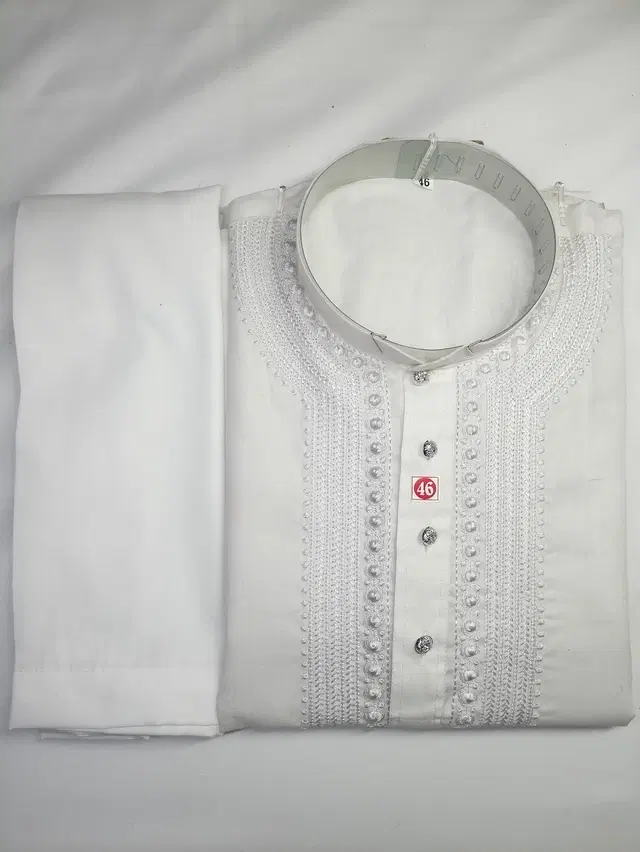 Cotton Embroidered Kurta with Pyjama for Men (White, XXL)