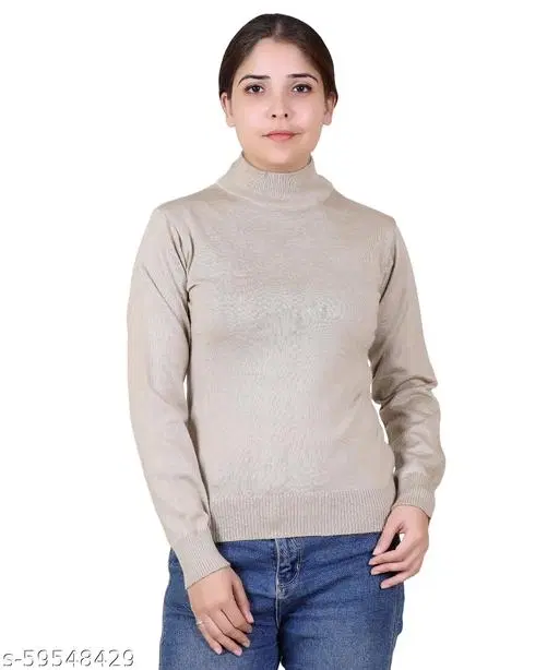 Hi-Neck Sweater for Women (Beige, M)