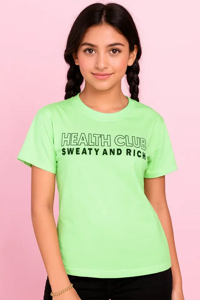 Round Neck Printed T-Shirt for Girls, Green (30)