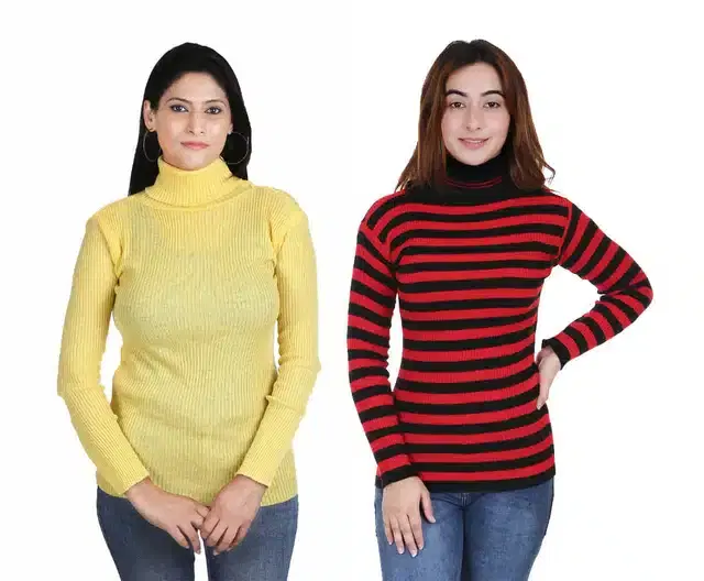 Full Sleeves Solid Sweater for Women, Pack of 2 (Yellow & Maroon, S)