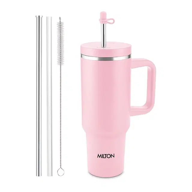 Milton My Tumbler 1200 Thermosteel Double Wall Vacuum Insulated Stainless Steel Tumbler With Handle 1100 ml,Leak Proof Travel Mug With Straw,Silicon Cap Cleaning Brush, Hot & Cold Beverage Flask, Pink