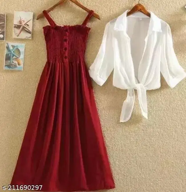 Poly Crepe Dress for Women (Maroon & White, M)