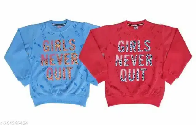 Fleece Printed Full Sleeves Round Neck Sweatshirts for Girls, Pack of 2 (Blue & Coral, 5-6 Years)
