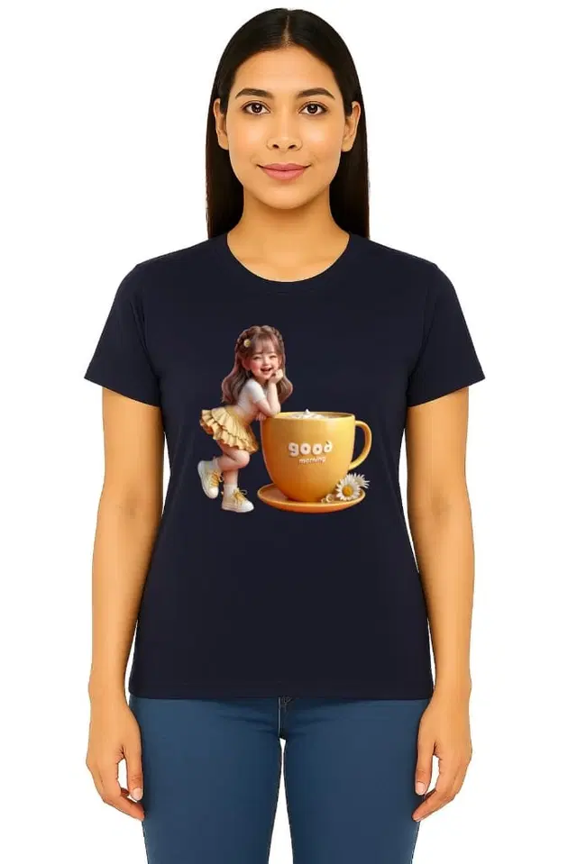 Cotton Blend Printed T-shirt for Women, Navy Blue (S)