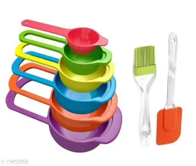 Plastic 6 Pcs Measuring Cups & Spoons with Spatula & Oil Brush, Multicolor, Set of 3