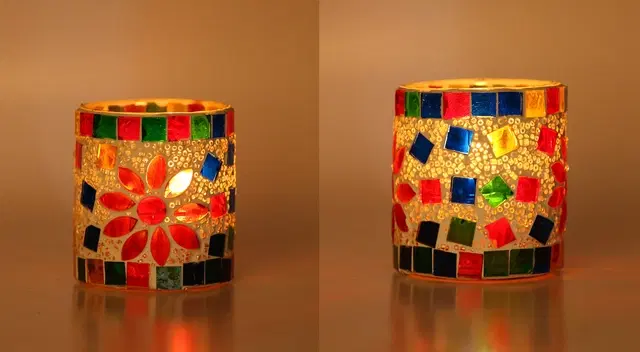 Glass Decorative Tea Light Holders, Multicolor, Pack of 2