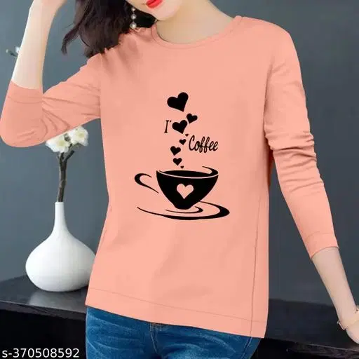 Cotton Printed Sweatshirt for Women (Peach, L)