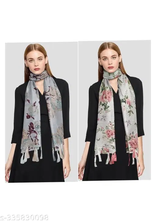 Printed Chiffon Scarves with Tassels for Women, Multicolor, Pack of 2