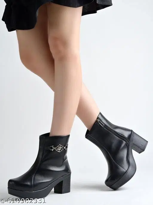 Shoetopia Solid Synthetic High-Top Heeled Boots Black (IND-3)