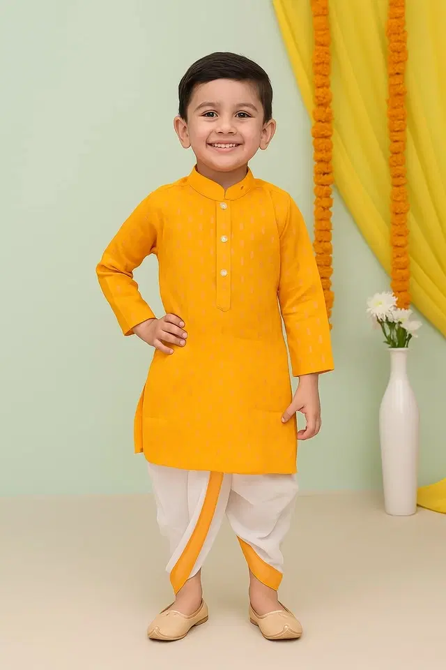 Cotton Blend Printed Kurta & Paints Set for Boys , Yellow (4-5 Years)