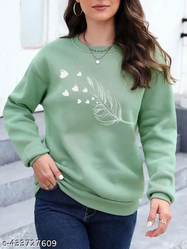 Fleece Printed Sweatshirt for Women (Green, S)