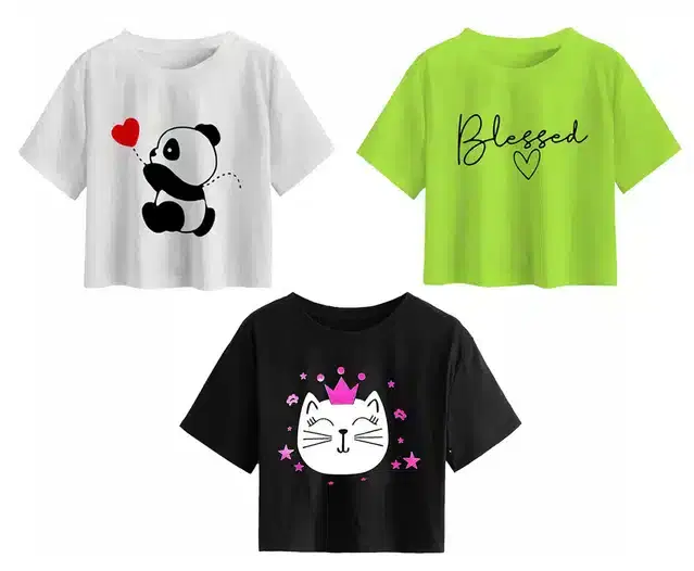 Cotton Printed Crop Tops for Girls, Pack of 3 (Multicolor, 12-13 Years)