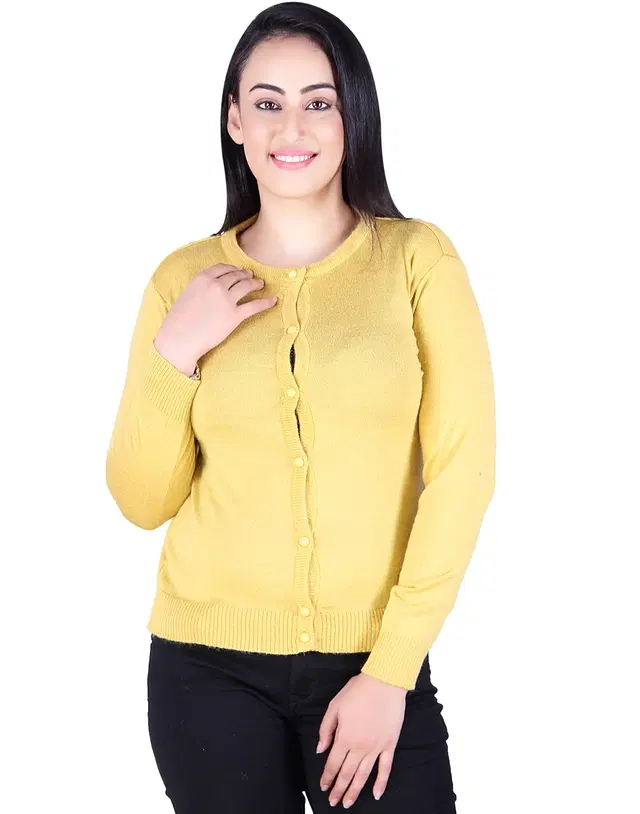 Round Neck Solid Cardigans for Women (Mustard, M)